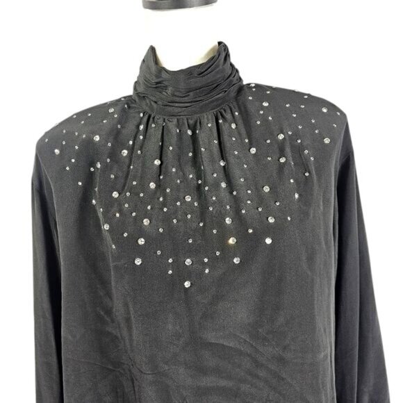VTG Lillie Rubin Black Silk Rhinestone Blouse‎ Sz 14 Pleated High Neck Formal - Picture 2 of 9